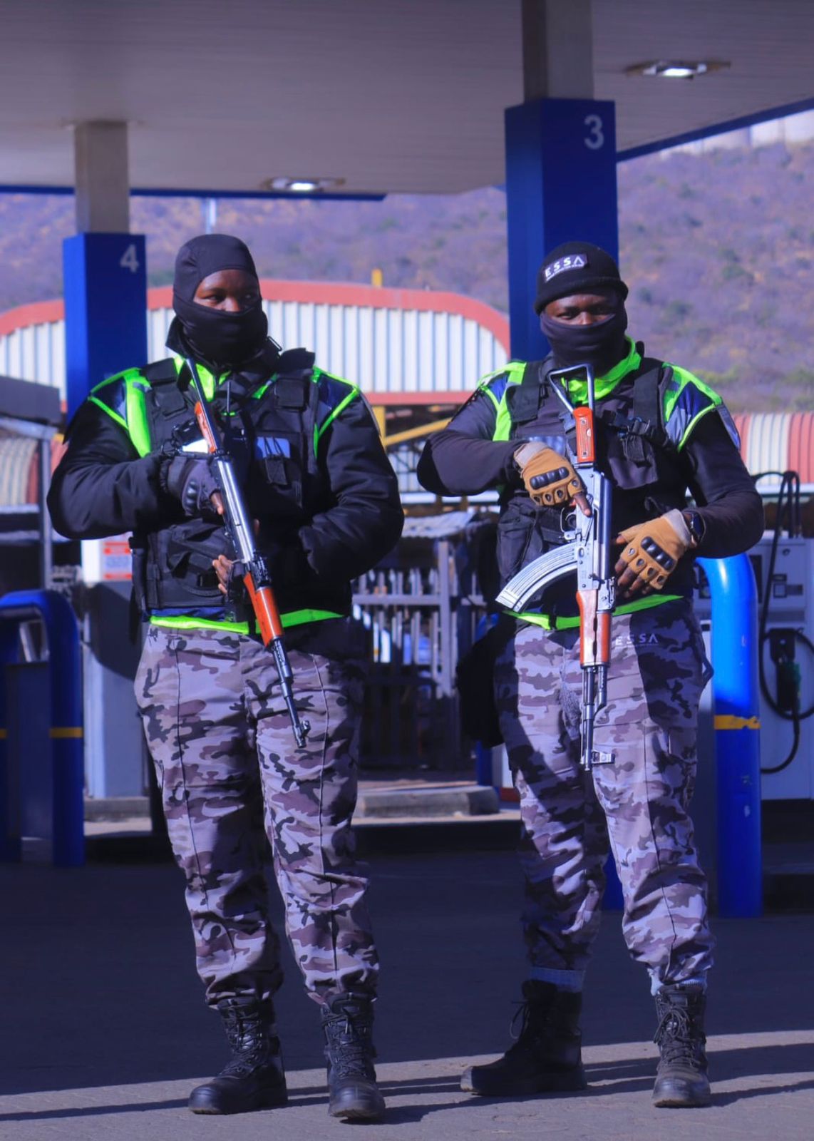 ESSA armed response officers on duty at a fuel station forecourt